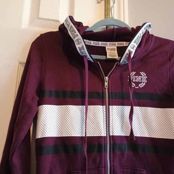 PINK Victoria's Secret Full Zip Hoodie XS Maroon White Black Stripe Mesh 2016 - Picture 7 of 12